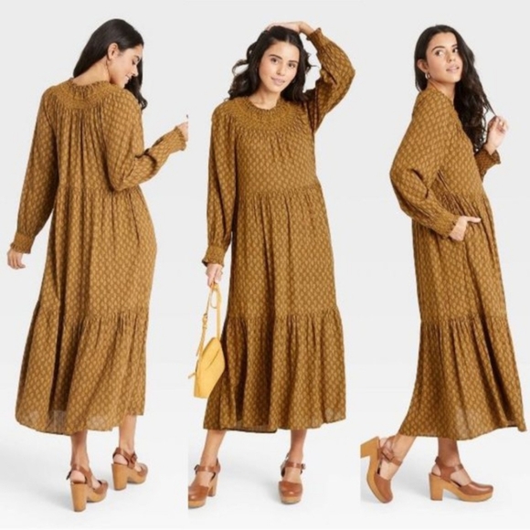 Universal Thread Dresses & Skirts - Universal Thread Warm Golden Brown Smocked Balloon Sleeve Tiered Midi Maxi Dress